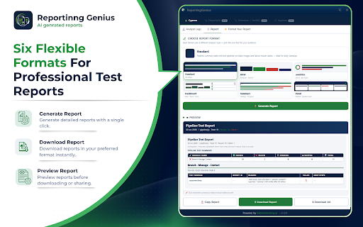 ReportingGenius :: Turn test logs into share-ready reports: analyze pipelines, extract failures, and generate Teams-ready formats