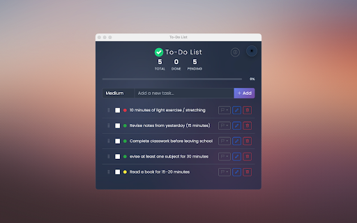 To-Do List :: A minimalistic and professional to-do list with priority support, tabbed interface (Pending/Completed), and night theme