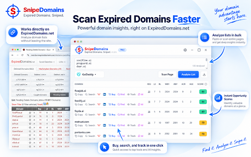 SnipeDomains - Expired Domains Analyzer :: Analyze expired domains with AI scoring, valuation estimates, and spam-history checks. Research domain opportunities faster.