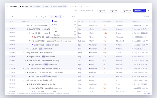 Cascade for Jira :: See your Jira work as a tree, triage what changed, and export with the hierarchy intact. No admin install needed.