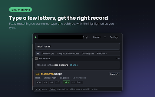 OmniStudio Finder :: Find OmniScripts, Integration Procedures, DataRaptors and FlexCards in your Salesforce org. See every version, open the right one.