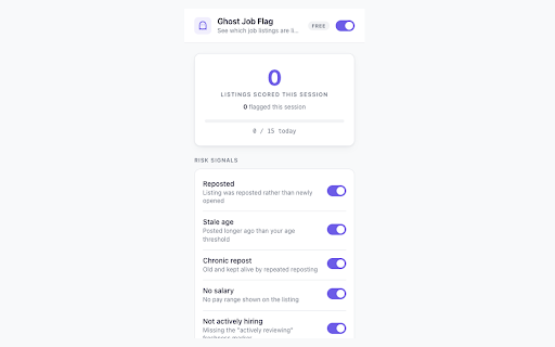 Ghost Job & Stale Listing Flag :: On-device risk badges on LinkedIn, Indeed & Glassdoor jobs. Spots reposts, stale dates, no-salary & boilerplate.