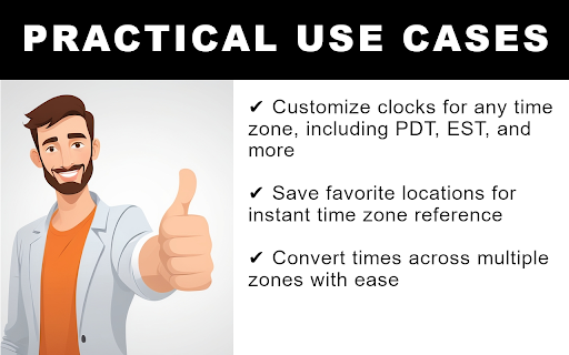 World Clock Time Zone Converter :: Customize time zone clocks with PDT, EST, and global zones, saving favorite locations for easy access.