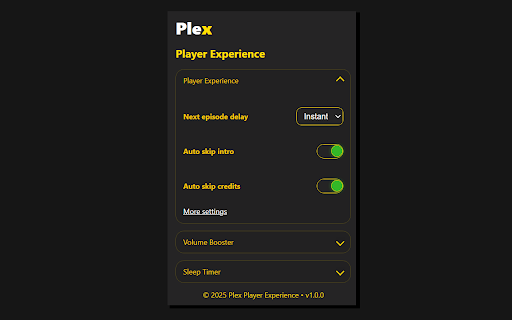 Plex Player Experience :: Custom next episode delay, sleep timer, audio boost and auto skip for intros and credits on Plex Web.