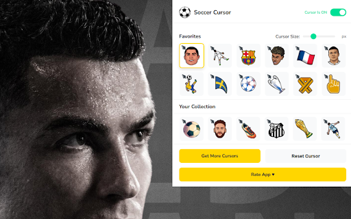 Soccer Cursor ★ Custom Cursor for Chrome™ :: 70+ cursors of football stars & teams! Cristiano Ronaldo, Messi, Mbappe clubs like Barça & Real Madrid