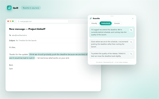 Quill by Tapdot - On-Device AI Writing Tools :: Apple-style writing tools for Chrome. Rewrite, proofread, summarize, and transform text on any page — privately, on-device.