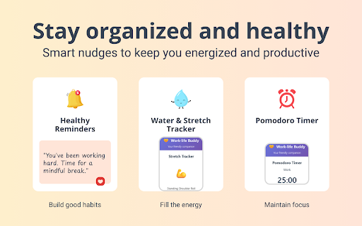 Work-life Buddy – Pomodoro, Break & Water Reminders :: Your workplace wellness buddy: water reminders, stretch breaks, Pomodoro focus, mood logging with beautiful charts and gentle nudges