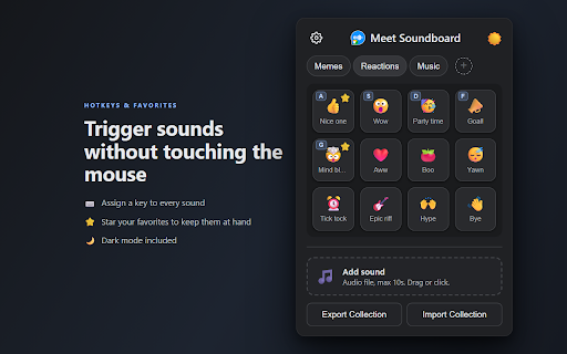 Meet Soundboard :: Add a soundboard to your Google Meet calls with custom audio clips and sound effects.
