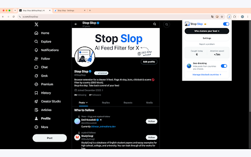 Stop Slop - Feed Filter & GEO Blocker for X :: Take back control of your X feed: AI flags slop, clickbait and scams, you decide what disappears. Country filter. Read-only.