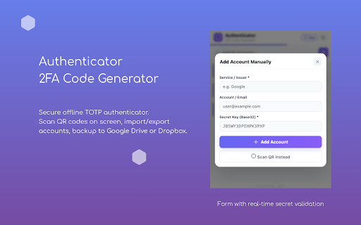 Authenticator – 2FA Code Generator :: Secure offline TOTP authenticator. Scan QR codes on screen, import/export accounts, backup to Google Drive or Dropbox.