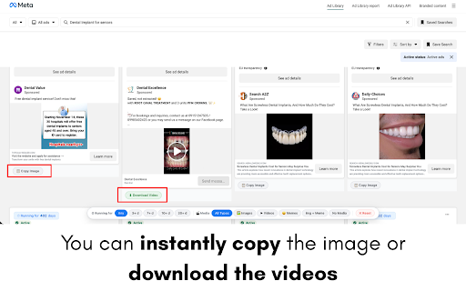Ad Lens for Meta :: Filter Meta Ad Library by run duration and media type. Shows days running per ad, All Ads shortcut, video download and image copy.