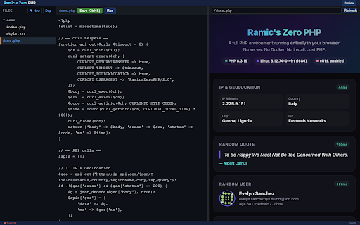Ramic's Zero PHP :: PHP development environment in the browser with v86 VM and CORS-free proxy