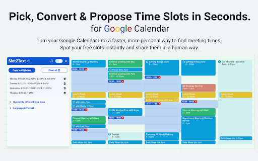 Slot2Text - for Google Calendar: Pick, Convert & Propose Time Slots :: Keep scheduling human. Propose time slots from Google Calendar — clean, personal, no links. Includes time formatting & conversion.