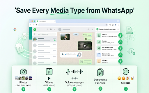 WA Media Downloader & Exporter :: Save photos, videos, voice messages, documents & stickers from WhatsApp. Export media in bulk as ZIP. Filter by date and file type.