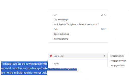 Send via Email :: Send selected text or the current page via Gmail, Outlook, or Yahoo.