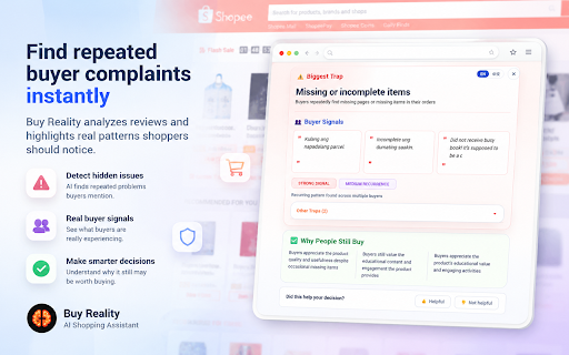 Buy Reality :: Buy Reality helps shoppers understand recurring patterns from Shopee product reviews.
It analyzes buyer review comments and…