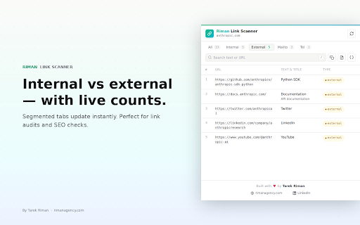 Riman Link Scanner — Export Page Links :: Scan, filter, and export every link on a page. Copy to clipboard, download CSV or JSON, separate internal vs external.