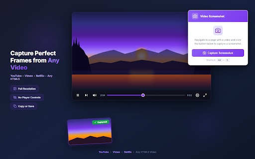 Video Screenshot Online :: Capture high-quality screenshots from any video playing in your browser. Works on YouTube, Netflix, and all HTML5 videos.