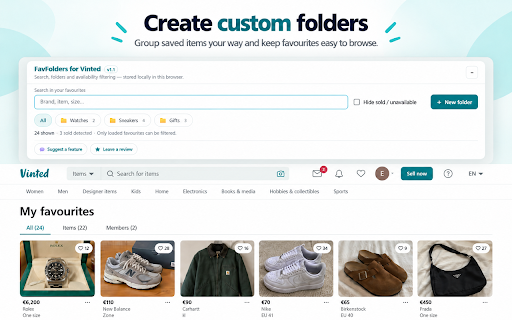 FavFolders for Vinted :: Organize Vinted favourites with live search, local folders, and sold-item filtering. Unofficial and local-only.