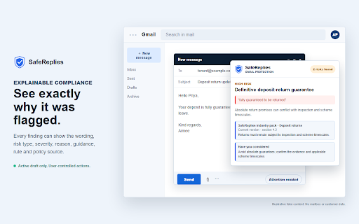 SafeReplies :: Pre-send compliance checks for active Gmail and Outlook drafts.