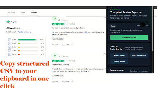 Trustpilot Review Exporter :: Export every Trustpilot review on the current page to CSV or plain text — free tool by OrderBoosts.com