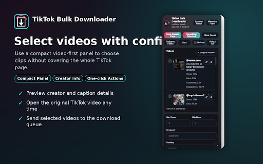 TikTok Video Downloader Pro :: Bulk download TikTok videos. Sort by views, likes & engagement. Filter, queue management & batch export for creators & marketers.