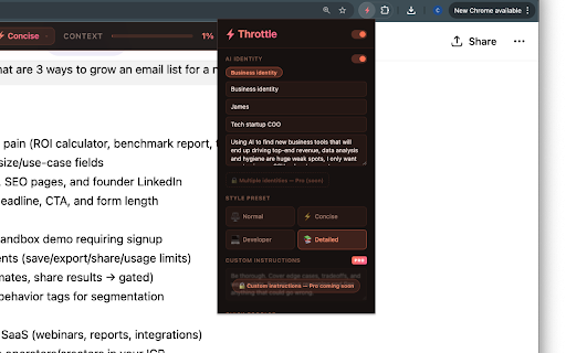 Throttle — AI Identity & Response Control :: Stop re-explaining yourself. Throttle injects your identity and style into ChatGPT, Claude, and Gemini automatically. Free.