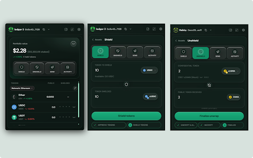 zWallet :: Private FHE wallet for Ethereum: confidential tokens (ERC-7984), shield/unshield, Ledger support.