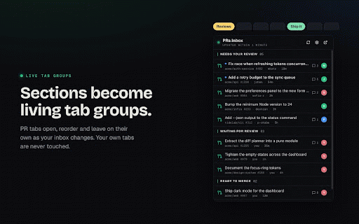 PRs Inbox for GitHub :: Shows your GitHub PR inbox in a popup and syncs it to Chrome tab groups, Live Folder style.