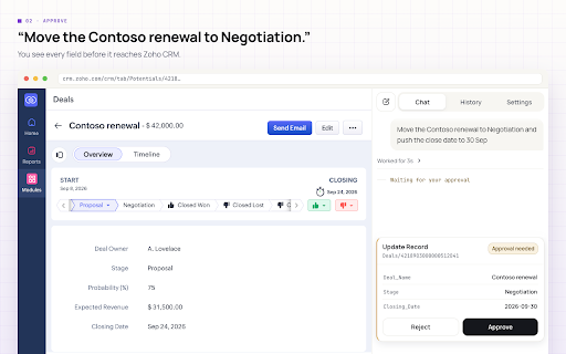 Zoho CRM AI Assistant :: Search, create, and update Zoho CRM records from a permission-gated AI side panel.