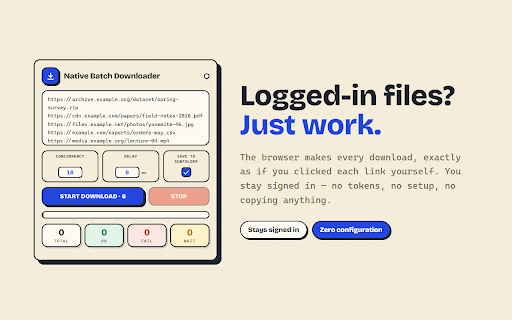 Native Batch Downloader :: Batch download files via the browser's native download channel — even login-protected files work, cookies sent automatically