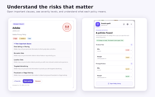 TermScopeAI :: Understand important risks in Terms of Use and Privacy Policies without leaving the page.