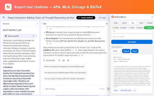 NotebookBloom for NotebookLM (Gemini Notebook) — Anki, Zotero & Search :: NotebookLM tools: export citations to Zotero/BibTeX, flashcards to Anki, and search locally indexed notebooks.