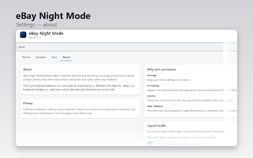 eBay Night Mode :: A careful dark theme for eBay: dark chrome, untouched product photos, readable prices. Unofficial.