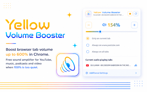 Yellow Volume Booster :: Boost browser tab volume up to 600% in Chrome. Free sound amplifier for YouTube, music, podcasts and video when 100% is too quiet.