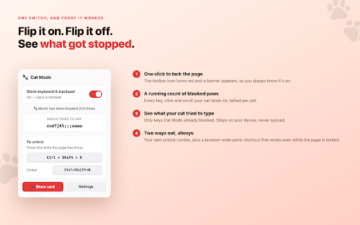 Cat Mode — Keyboard Guard :: Block your keyboard & trackpad so pets walking across them can't disrupt your video or page. Unlock with your own shortcut.