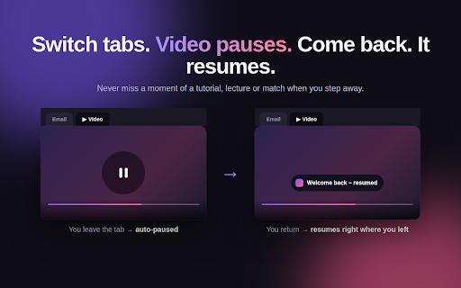 AutoPause for YouTube: Pause on Tab Switch & Skip Continue Watching :: Pause YouTube when you switch tabs, auto-resume on return, and auto-skip "Video paused. Continue watching?" Private, no tracking.
