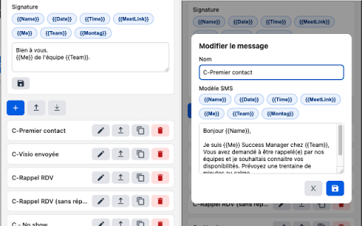 Generate SMS :: Génère des SMS via un menu contextuel avec équipes, messages et signatures.
