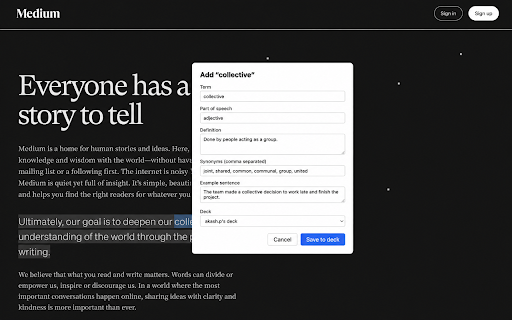 Vocab Cards Clipper :: Select any text on any page and add it to a Vocab Cards deck.