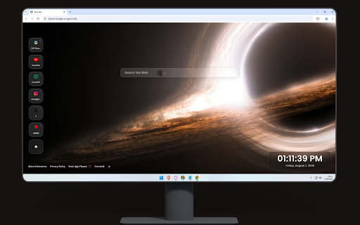 Black Hole Sun Live Wallpaper :: A brilliant black hole and its glowing accretion disk warp space around a tiny silhouetted planet.