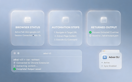 Advai CLI :: Connect Chrome tabs with Advai workflow for page actions, data capture, and browser task automation.
