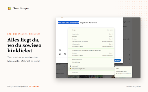Mango Marketing Booster :: LinkedIn-Text fett machen, markierten Text/die Seite an ChatGPT geben und die ganze Seite als Screenshot speichern.