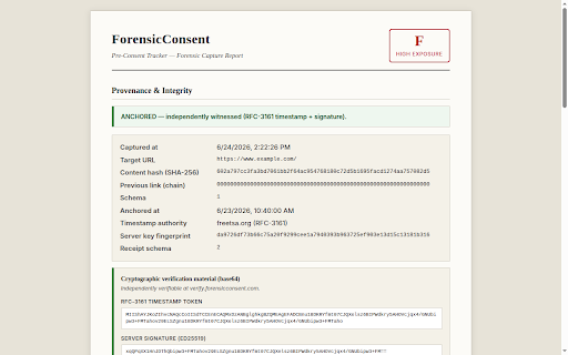 ForensicConsent — Cookie, GDPR & Pre-Consent Tracker Audit :: Cookie, GDPR & tracker audit: see which pixels, analytics, chat and session-replay scripts send data before your visitors consent.