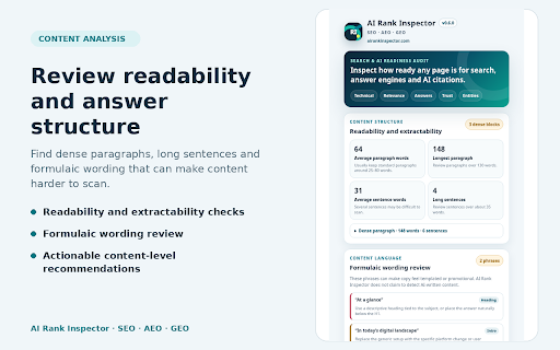 AI Rank Inspector – SEO, AEO & GEO Audit :: Audit webpages for SEO, AEO and GEO signals, including content readiness, metadata, schema, entities, robots.txt and llms.txt.