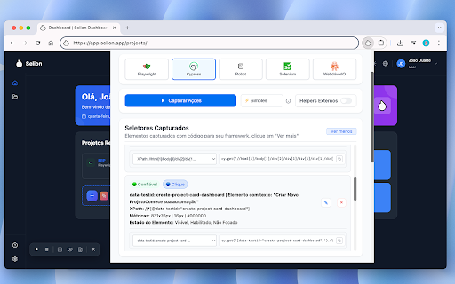 Selion :: Automatize seus testes em segundos: capture elementos, gere código pronto e sincronize na nuvem.