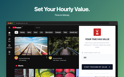 YouTube Hourly Wage Waste Meter & Distraction Blocker :: Track YouTube watch time as financial loss based on your hourly rate. Block distractions and reclaim your time with Focus Mode.