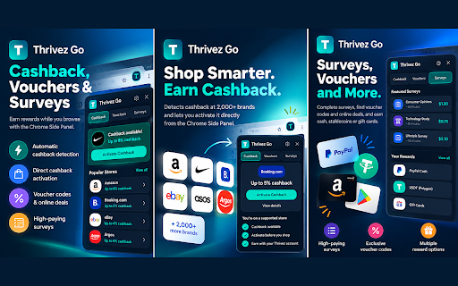 Thrivez Go – Earn Rewards via Cashback & Surveys :: Earn rewards with automatic cashback detection, direct cashback activation, voucher deals, and surveys in the Chrome Side Panel.