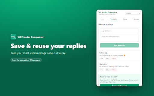 WB Sender – WhatsApp Link & Message Tools :: Free WhatsApp click-to-chat link generator, message templates & phone number formatter. No automation, numbers stay local.