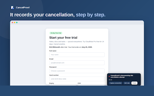 CancelProof: Cancel Subscriptions with Proof :: Subscription manager that records proof when you cancel — timeline, screenshots & a Refund Pack PDF if you're charged anyway.