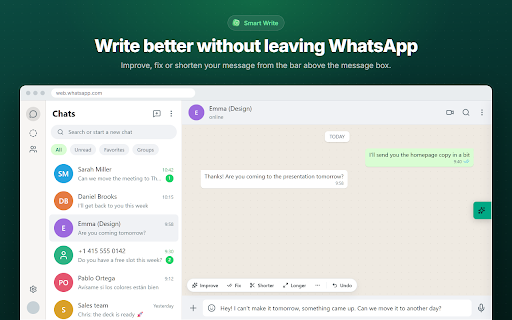 WAEXT: Superpowers for WhatsApp Web :: Smart replies, chat summaries and better writing with AI in WhatsApp Web. Plus saved messages and auto-translate.